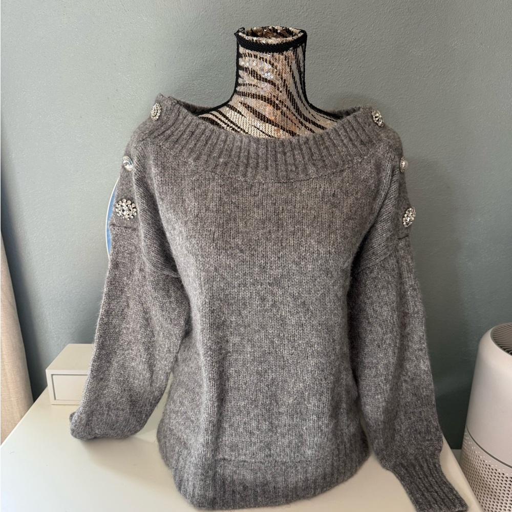Veronica Beard Chase Off-the-Shoulder Light Gray Sweater